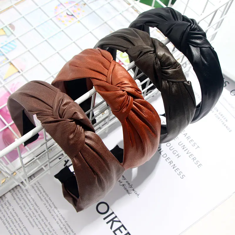 Flatfoosie зимняя завязанная повязка на голову из искусственной кожи с бантом, повязки на голову ручной работы, женские аксессуары для волос, меховой обруч на голову, корейский модный головной убор