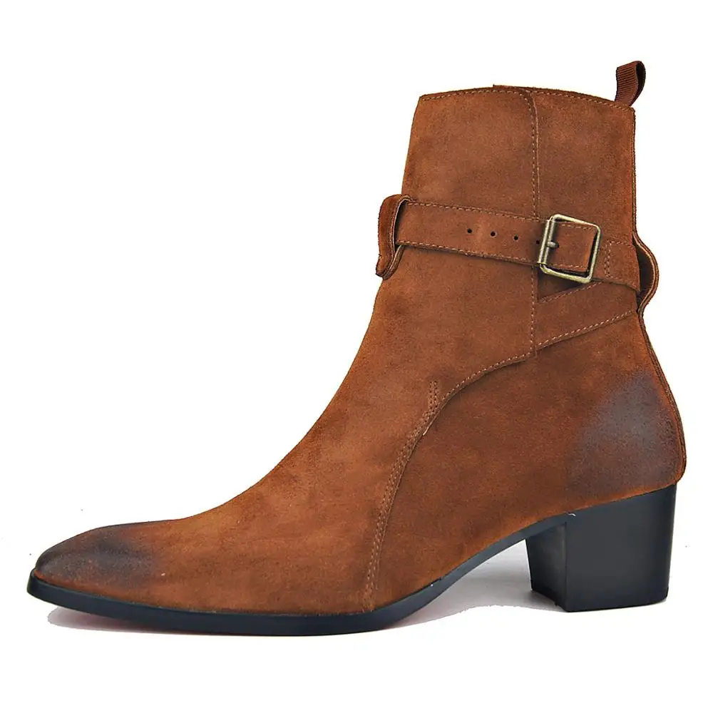 Genuine Cow Leather Suede high heel Men Boots high top Zipper fashion British style fashion men's Chelsea Boots Hot