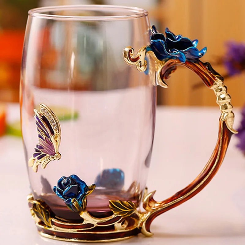 Enamel Coffee Tea Cup Mug 3D Rose Butterfly Glass Cups Wedding Gift HUG-Deals