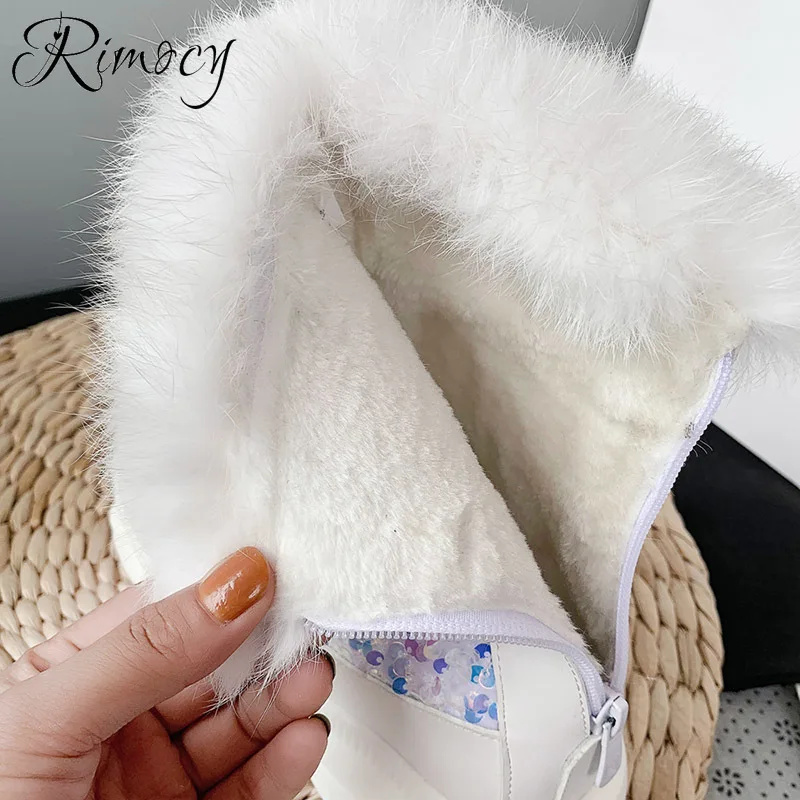 Rimocy/модные женские ботинки с блестками и меховым воротником; теплые плюшевые зимние ботинки серебристого цвета с блестками; женские ботильоны на мягкой платформе на молнии