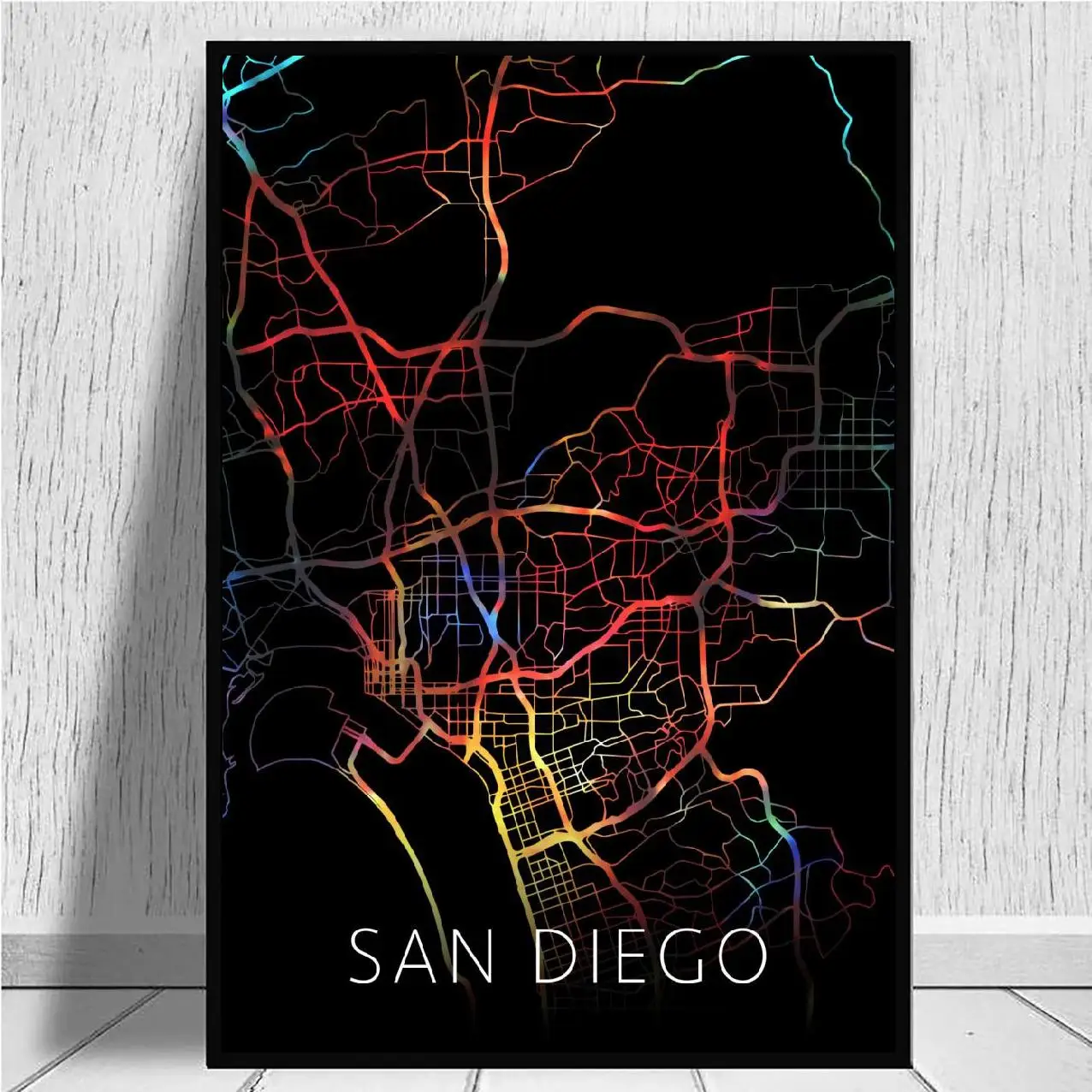 San Diego California Watercolors Black City Map Canvas Wall Art Print Modern Poster Pictures Living Room Decor | Дом и сад