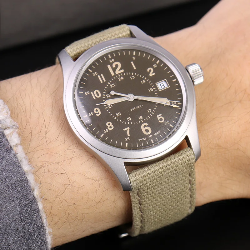 Canvas Leather Bottom Watch Band, 20mm/22mm Buckle, for Hamilton and Seiko Watches