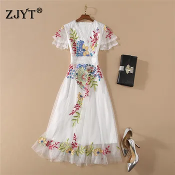

High Quality Summer Designer Runway Dress Women Elegant V Neck Butterfly Sleeves Floral Embroidery Midi Mesh Dress Party Vestido