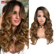 Wignee,, Новое поступление, синтетические парики на кружеве для женщин, боковая часть, Омбре, коричневые, длинные волосы, волнистые парики, косплей, повседневные или вечерние парики