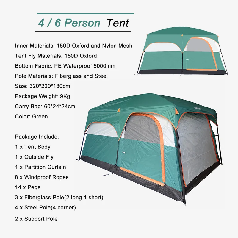 4 6 человек палатки Открытый Кемпинг Туризм 2 комнатная палатка двойной слой водонепроницаемый большой семейный кемпинг палатки