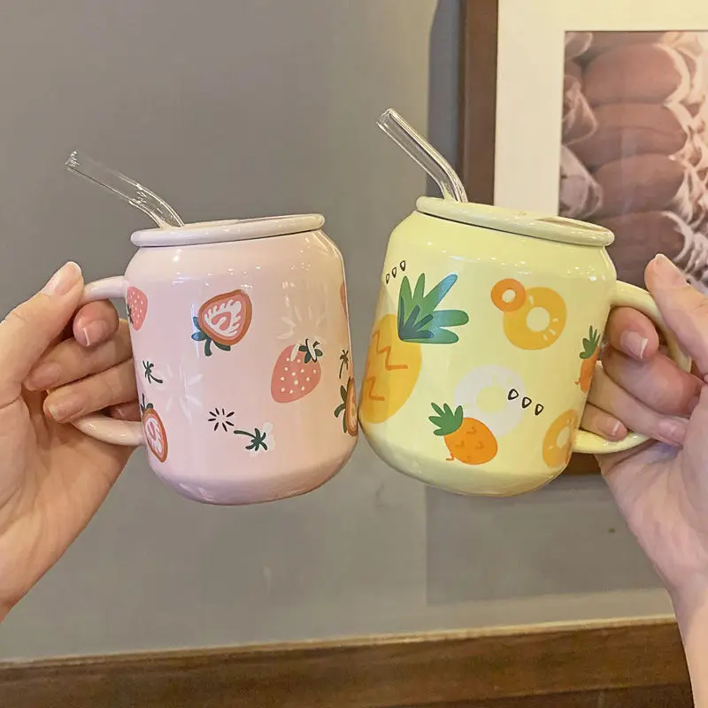 Creative Cute Fruit Ceramic Mug With Straw Ins Style Strawberry Cup Water  Bottle for Girls Couple Porcelain Mugs Coffee Cups