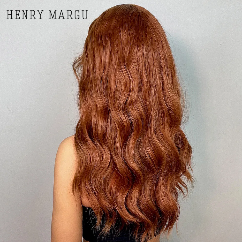 HENRY MARGU Long Wavy Auburn Red Synthetic Wigs with Bangs Kinky Curly Natural Hairs for Daily Cosplay Party Heat Resistant Wigs