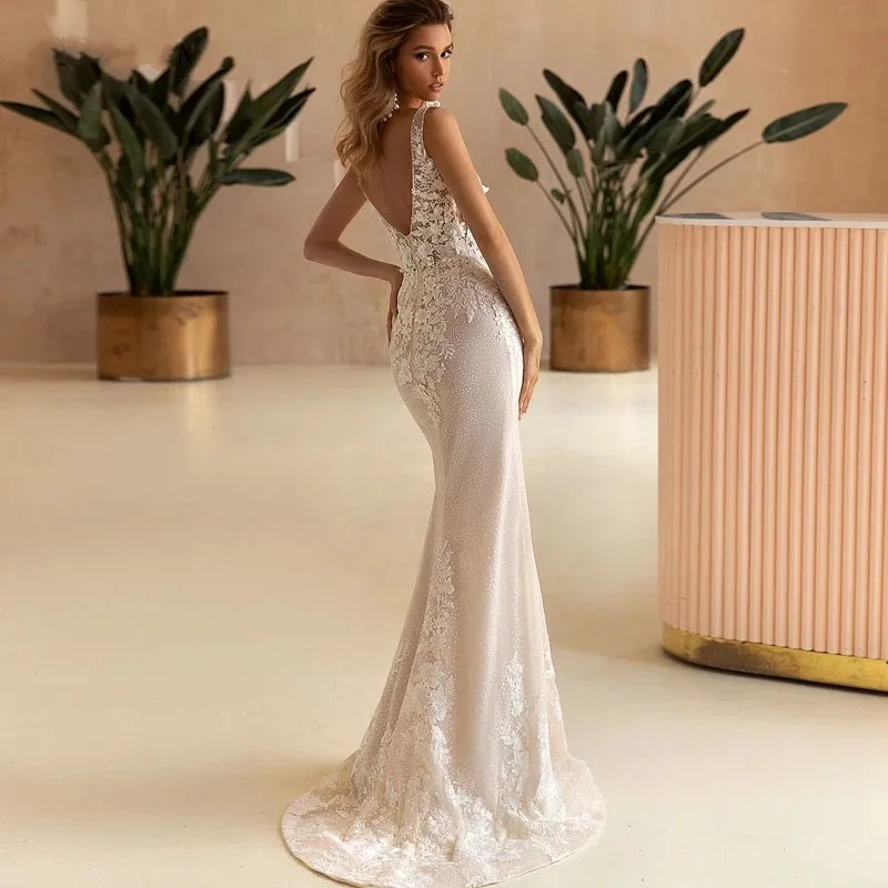 winter wedding dresses Sexy Tulle Mermaid Wedding Dress For Women Simple Lace Appliques Beading V-Neck Open Back Detachable Sweep Train Bridal Gown tea length wedding dress