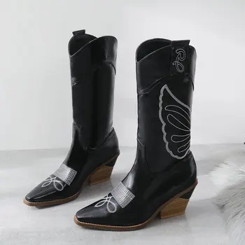 

Fretwork Mid Calf Boots Women Faux Leather Wedges Knee High Boots Square Toe Winter Plush High Heel Woman Western Boots