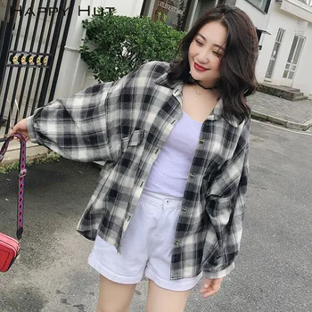 

Autumn Shirt Women Fashion Loose Plaid Blouse Korean Casual Lantern Sleeves Lapel Shirt Blusas Female Long Sleeve Blouses Tops