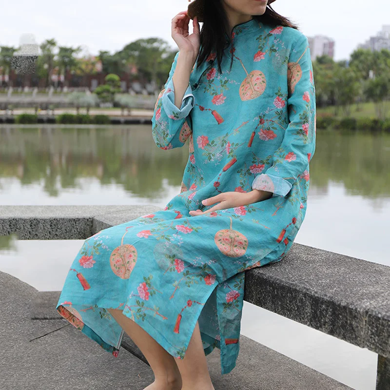 

Retro Summer Spring Loose Cotton Dress Literary Print Long Sleeve Plate Buttons Cheongsam Ramie Split Tea Service Dress Elegant
