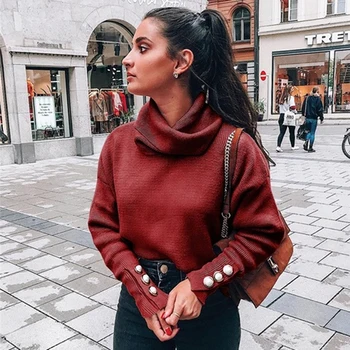 

Fashion Button Turtleneck Sweater Solid Pullovers Casual Style Thin Street Sweater Tops Feminino Vestido Women Sweaters