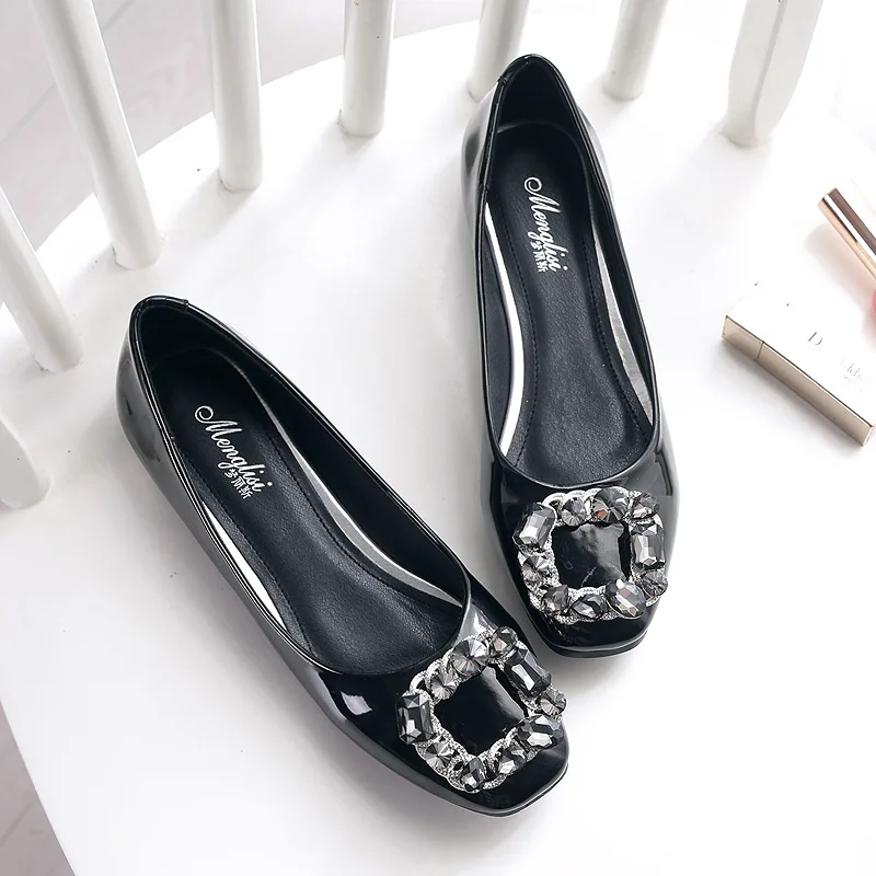 

136-4 New Style Spring Square Head Man-made Diamond Bow Flat Shallow Mouth Single Shoes Side Scoop Bootie WOMEN'S Shoes Boat Sho