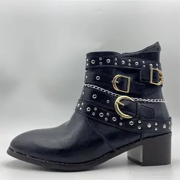 

New Women Ankle Boots Dropshipping New Autumn Winter Buckle Low Heel Women Shoes Cool British Rivet Design Soft Short Boots