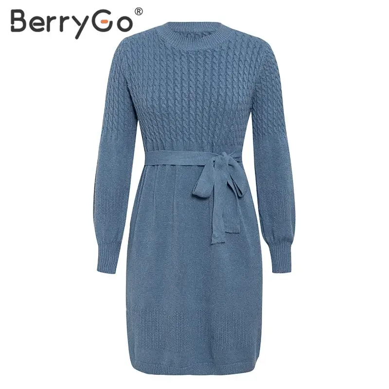 BerryGo трикотажное платье с высокой талией, женское офисное платье, однотонное облегающее шикарное осеннее платье, элегантное мягкое ТРАПЕЦИЕВИДНОЕ женское платье-свитер с поясом - Цвет: Синий