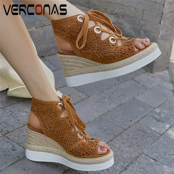 

VERCONAS Women Cutout Lace Up Bandage Wedge Heel Round Toe Office Pumps High Heeled Sandals Top Quality Summer Shoes Woman