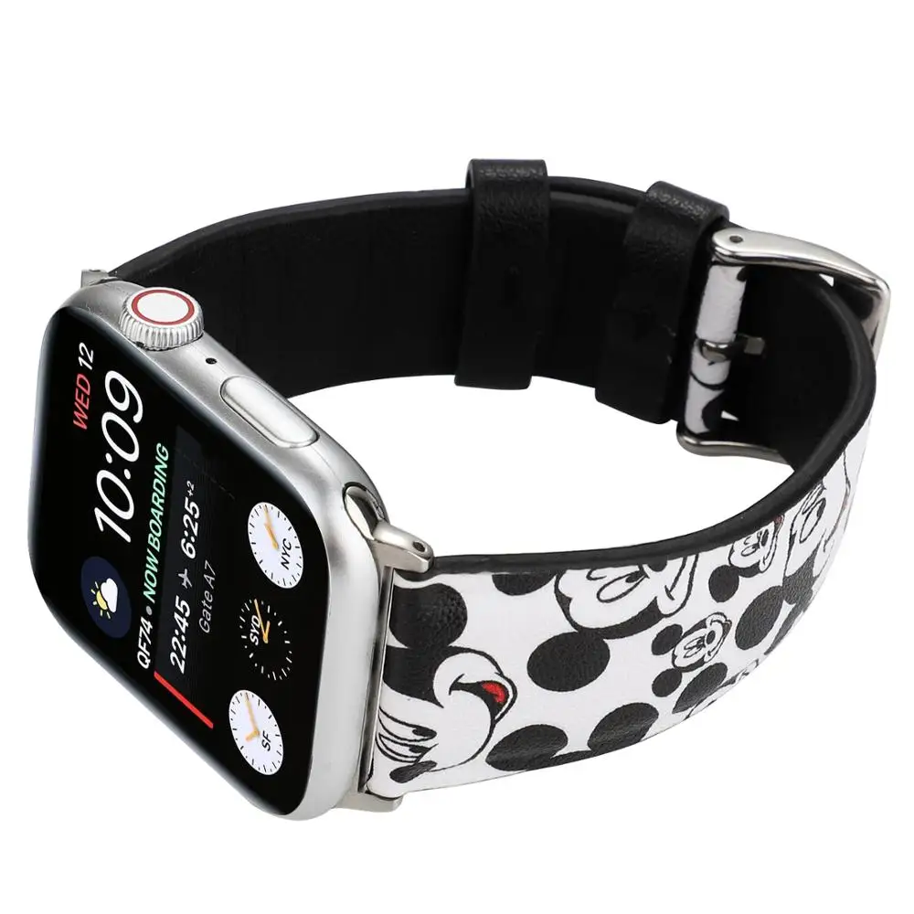 Ремешок из натуральной кожи для Apple Watch 5 band 4 44 мм 40 мм браслет с принтом Микки Мауса Для iwatch Series 3 2 1 38 мм 42 мм