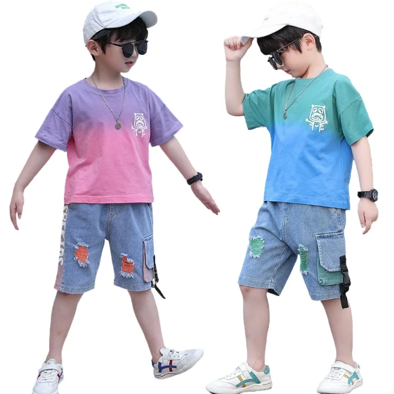 

Boys Summer Kids Clothing Sets Novel Stripe Fashion Print T-shirt Jeans Shorts Pants 2pc Children Casual Tracksuit Outfits