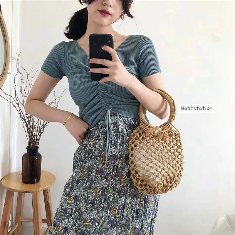 

New Summer Women Deep V Neck Drawstring Lumbar T-shirt Casual Elastic Bottoming Tops Sexy Solid Color Short xpy20200310