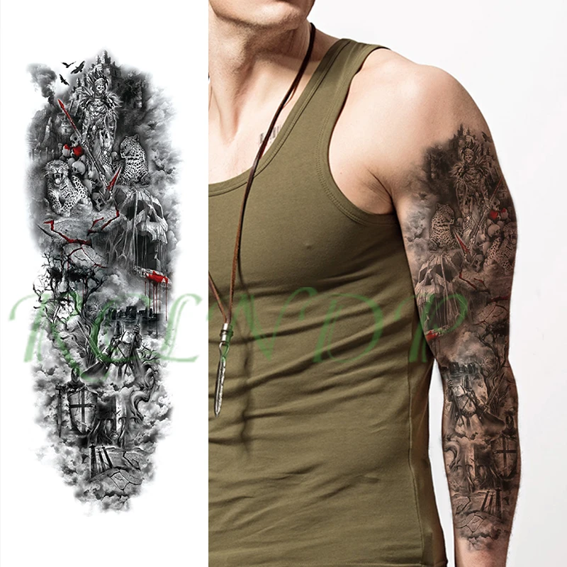 

Waterproof Temporary Tattoo Sticker skull warrior leopard cross shield full arm big fake tatto flash tatoo for men women girl