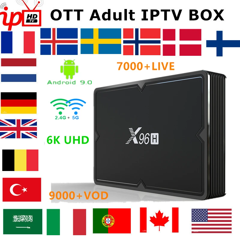 

French IPTV BOX X96H android TV box 9.0+ IPTV Subscription Sweden belgium Europe UK spain USA M3U adult xxx ip tv smart tv box
