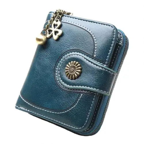 Женский кошелек однотонная подвеска в форме трилистника из искусственной кожи многофункциональный короткий кошелек на молнии портмоне держатель для карт кошелек клатч - Color: Blue