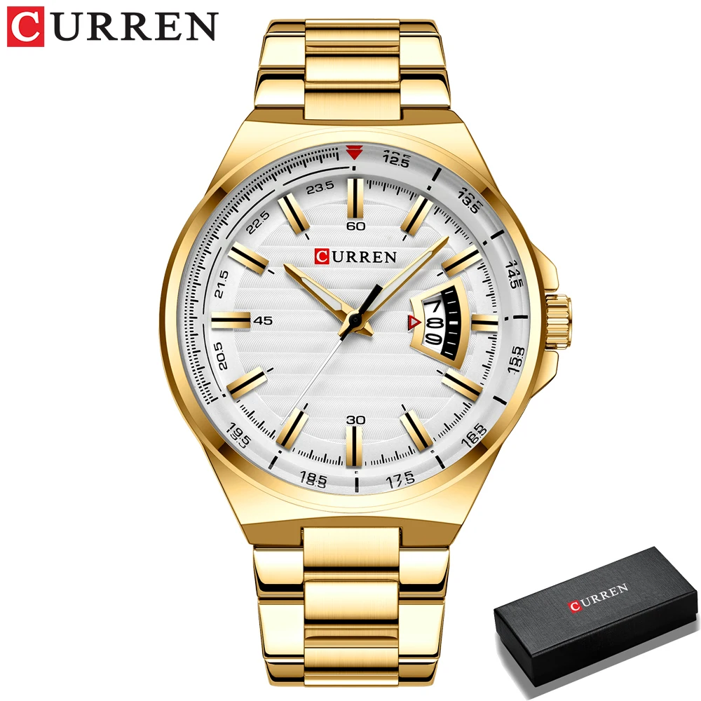 Luxury Gold White Stainless Steel Quartz Wristwatch with Auto Date