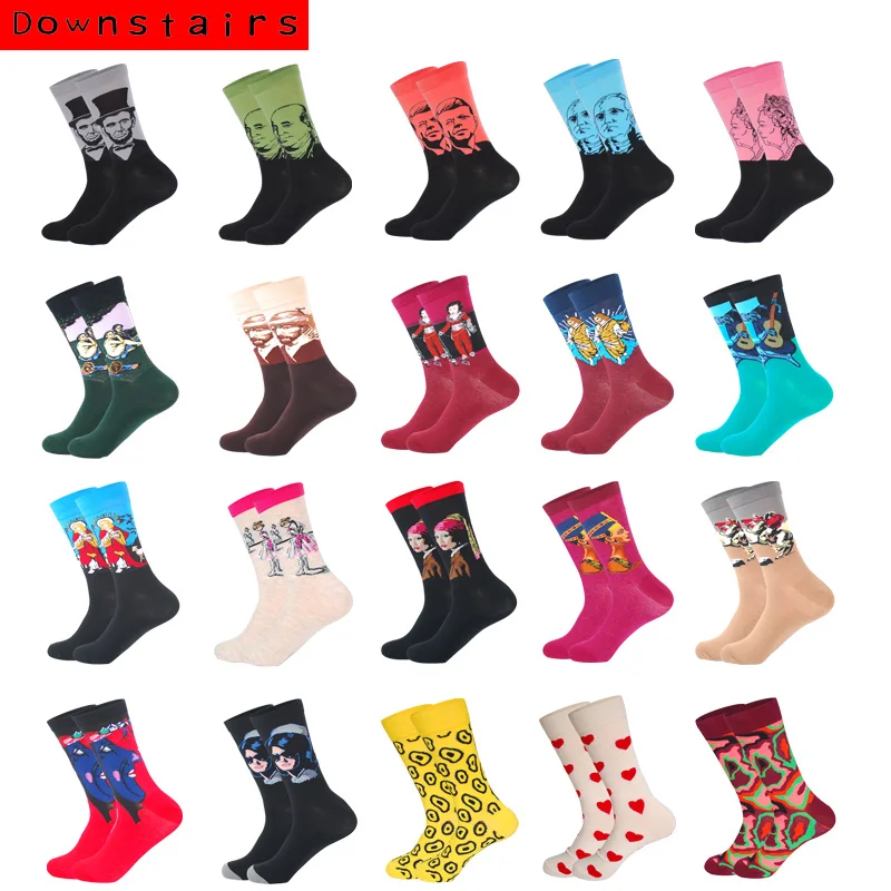 

Downstairs Combed Cotton Men Socks Art Oil Painting Portrait Creative Design Street Style Hip Hop Crew Happy Calcetines 21Colors