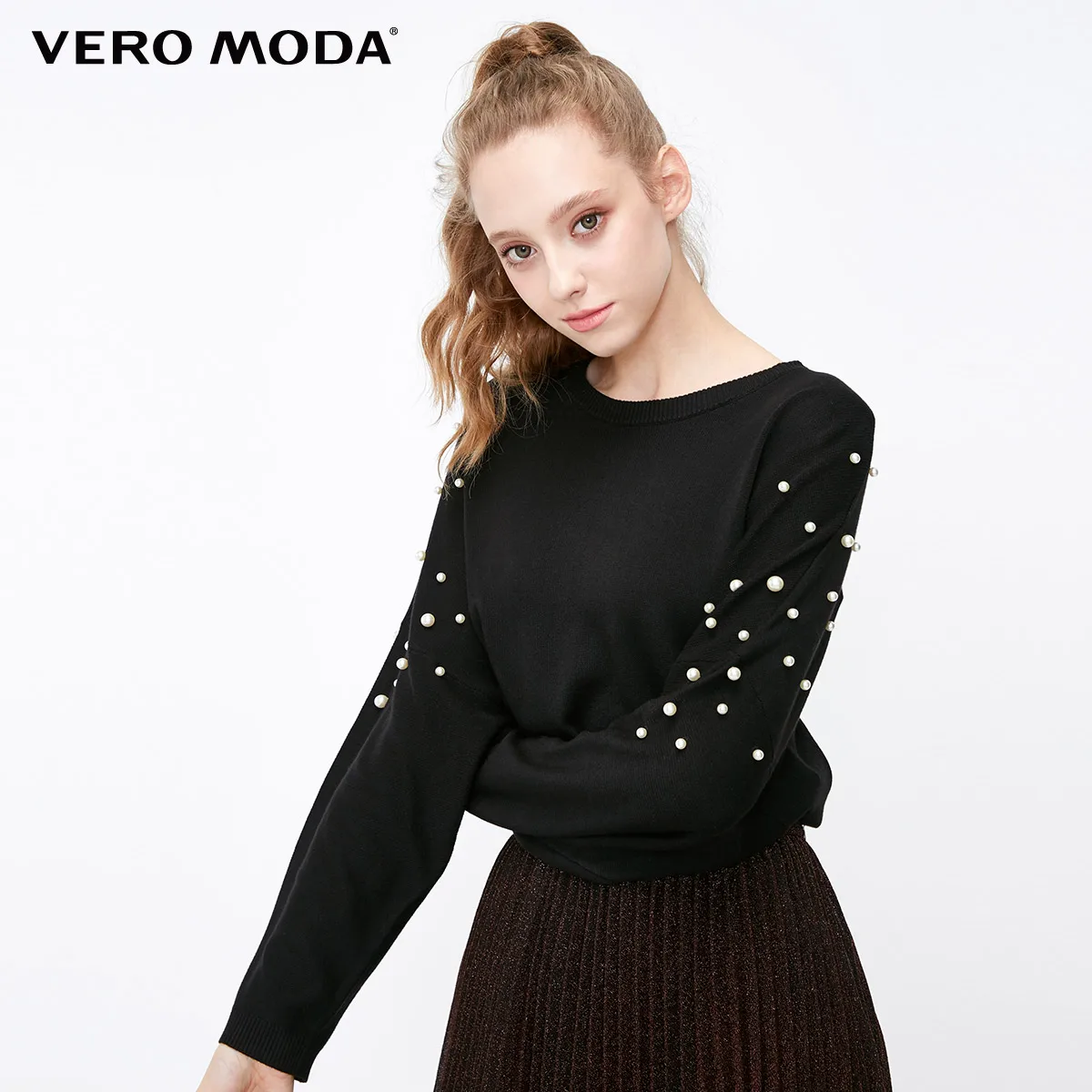 Vero Moda Women's Imitation Pearl Batwing Sleeves Drop-Shoulder Pure COLor Knit | 318324548 - Цвет: Black