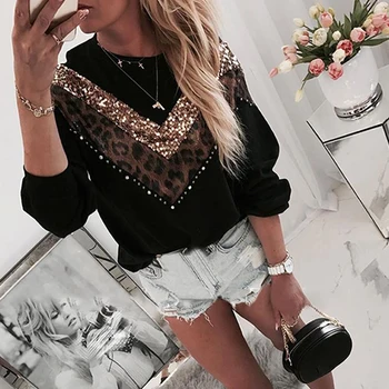 

Casual loose leopard sequined patchwork sweatshirt women long sleeve autumn tops pullover 2019 streetwear black sweatshirt