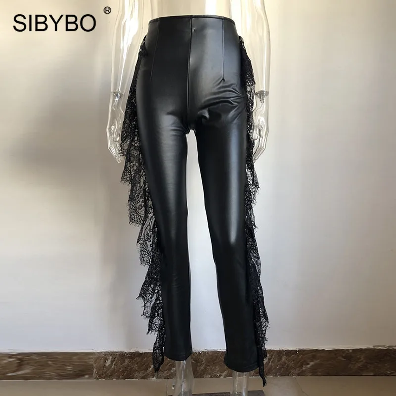 SIBYBO кружевные лоскутные брюки из искусственной кожи с высокой талией женские