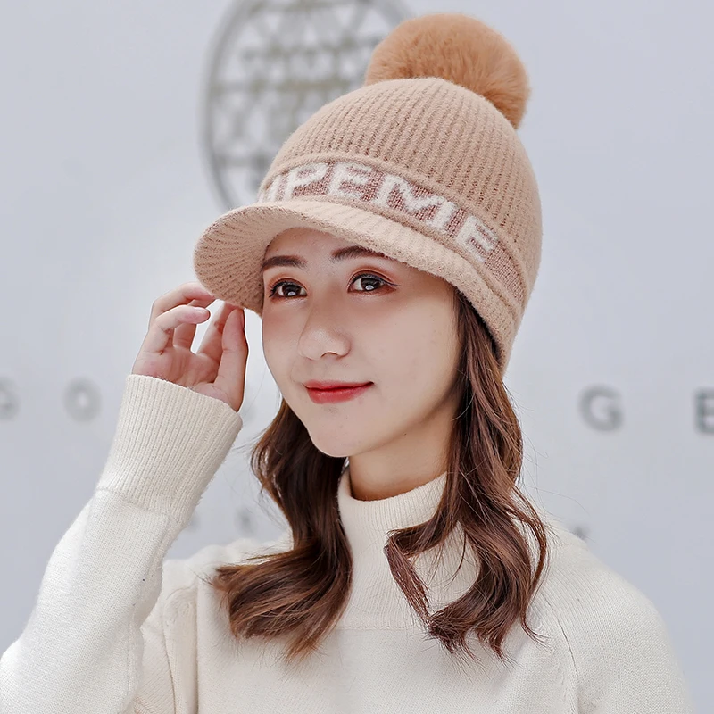 2326 Khaki Женская шапка Skullies Beanies, зимняя, защита ушей, Корейская, Молодежная, зимняя, теплая, шерстяная, мягкая, Вязанная, меховая, женская шапка с капюшоном, плюшевая, бархатная, Tuque - Цвет: 2326 Khaki