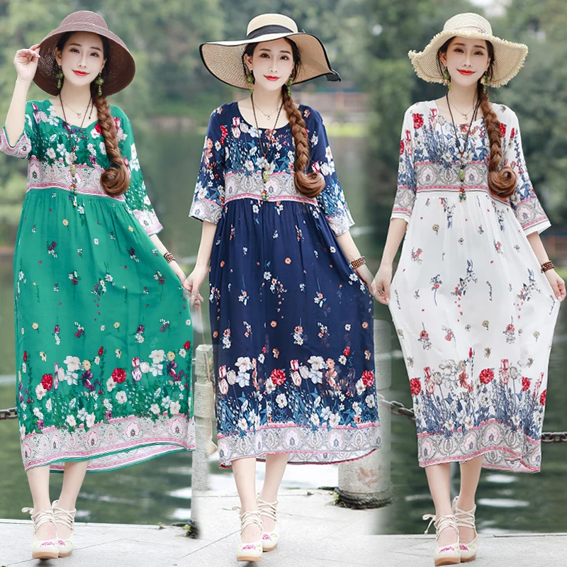 

Long Dress Women 2020 Summer Cotton Linen Floral Robe Femme Female Tunics Half Sleeve Vestidos Festa Ropa Casual Woman Dresses