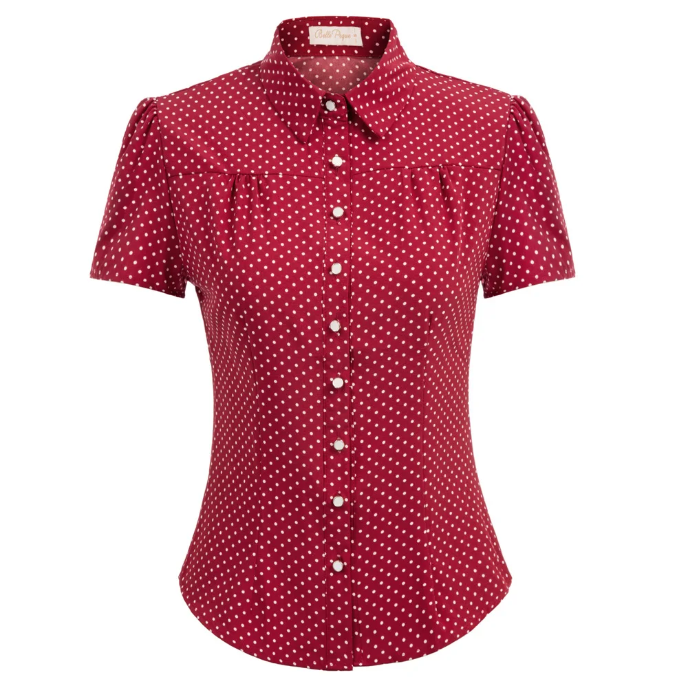 

casual shirt Women lady Retro elegant Polka Dots blouse Short Sleeve Curved Hem summer work OL office lady Shirt camisas mujer