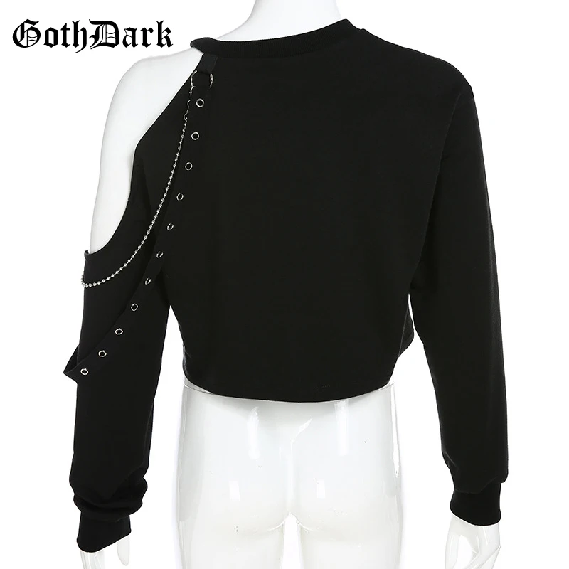 Готический Темный Лонгслив винтажный в стиле панк готика женские футболки на одно плечо с заклепками и цепочкой с вырезами женская укороченная черная шикарная футболка