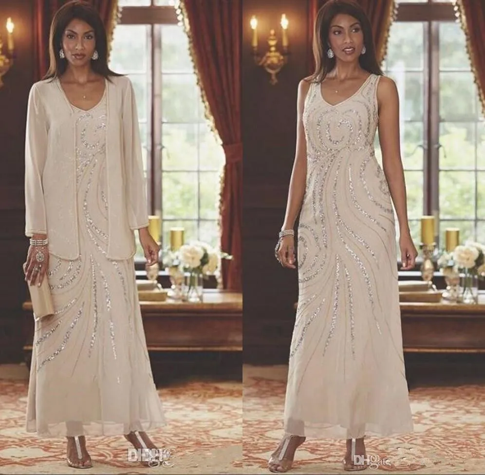 Elegante V-hals Chiffon Moeder Jurken Kralen Bruiloft Gast Enkellange Moeder Van de Bruid Jurken Met Lange Mouwen jas Elegante V-hals Chiffon Moeder Jurken Kralen Bruiloft Gast Enkellange Moeder Van de Bruid Jurken Met Lange Mouwen jas