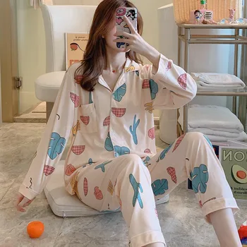 

Cactus-Patterned Pajamas For Women Spring Autumn Long Sleeve And Trousers 2 Pcs Lapel Pajama Sets For Woman Casual Sleepwear