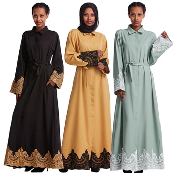 

Siskakia Middle Eastern Muslim Arab Women Abaya lapel Long Sleeve Solid Ethnic embroidered Stitching Covered Button Abaya Dress