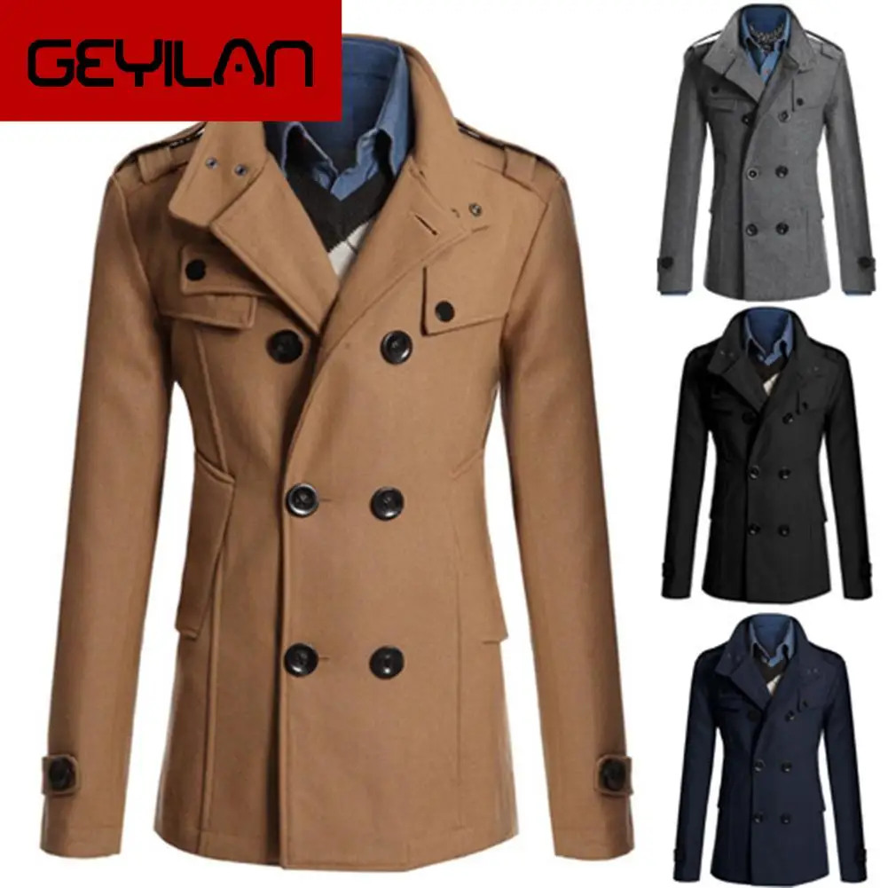 Gabardina ceñida de manga larga para hombre, abrigo con cuello de solapa, doble botonadura, bolsillos, abrigo de lana, piloto