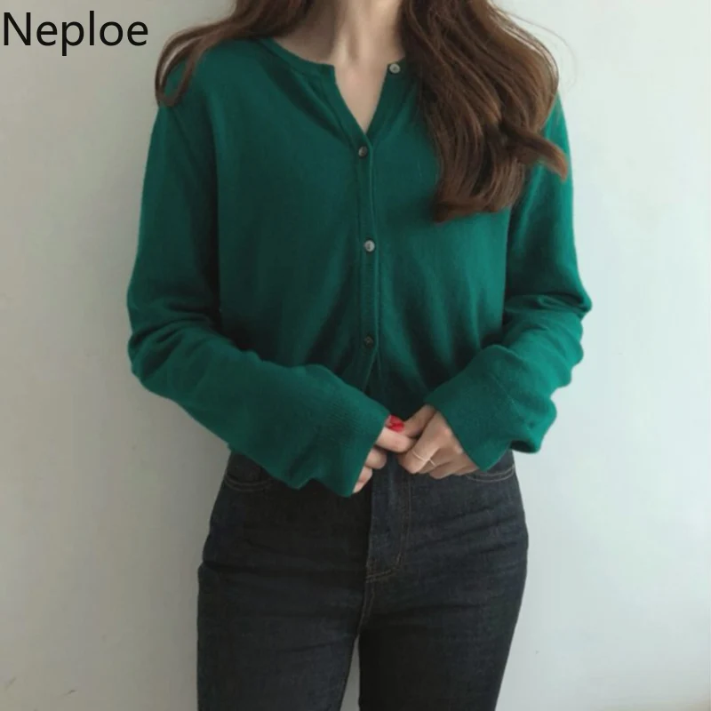 Neploe, осень-весна, новинка, однотонный короткий свитер с рисунком из кариганов, круглый вырез, длинный рукав, однобортный вязаный свитер, Женское пальто, приталенное 47861