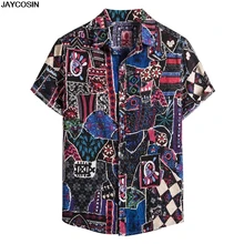 KLV Мужская винтажная, этнический стиль печати свободный короткий рукав стоячий воротник Повседневная Рубашка Фланелевая рубашка мужская ropa hombre elegante 9819