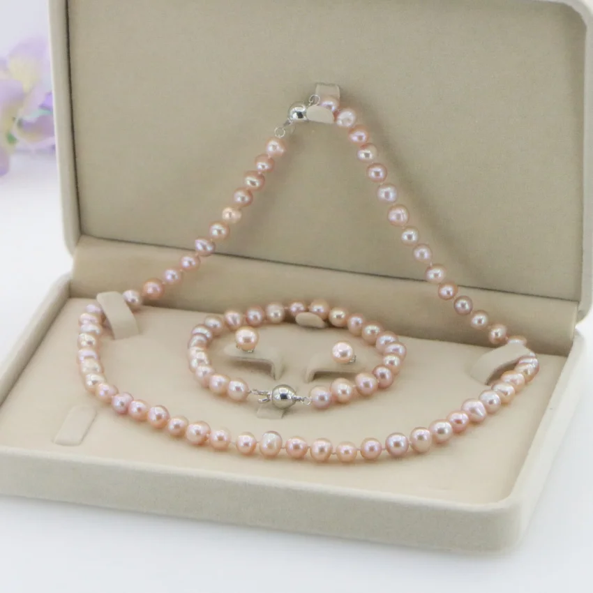 New Fashion Girl 6-7MM White real natural Pearl Necklace Bracelet Earring Wedding Jewelry Set Beads for Jewelry Making Woman Gif
