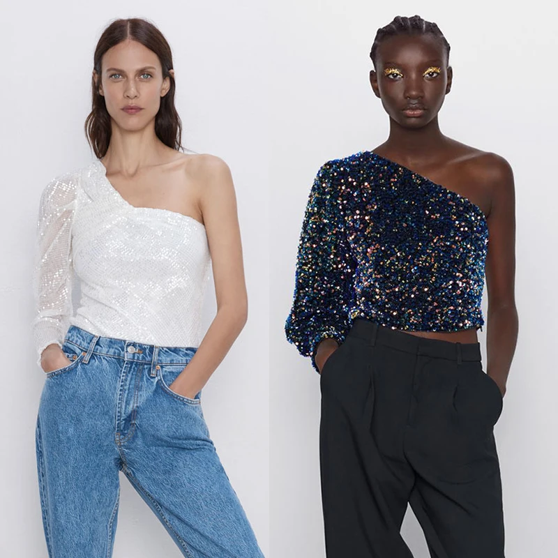 

2019 ZA Women Sexy One-shoulder Tops Fashion Shirt Multi Style Sequined Shiny Short Sling Vest New Temperament Party Nightclub