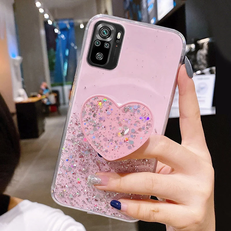For Xiaomi Redmi Note 10 9 8 7 11 Pro Plus 10S 9S Case Glitter Cover Xiaomi Poco F3 X3 NFC M3 M4 Pro Mi 11T Heart Holder_voghion.com