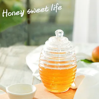 

Honey Pot Clear Jar with Dipper Lid Beehive Style for Home Kitchen JS23