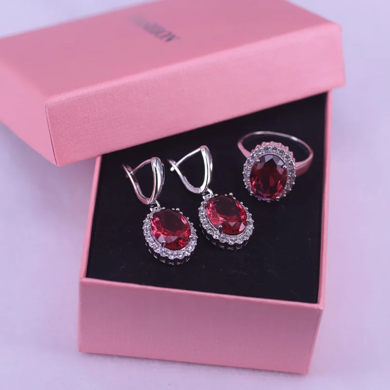 Risenj Silver 925 Jewelry Set Earrings Necklace Ring Bracelet Set Pretty Shiny Rose Red Stone White Zircon Bridal Jewelry