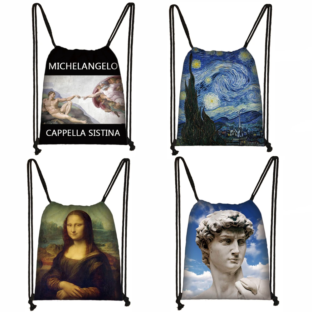 Ван Гог/микеланжело/да Винчи художественный принт сумка на шнурке Звездная ночь/Давид/Мона Лиза сумки для хранения для женщин и мужчин рюкзак
