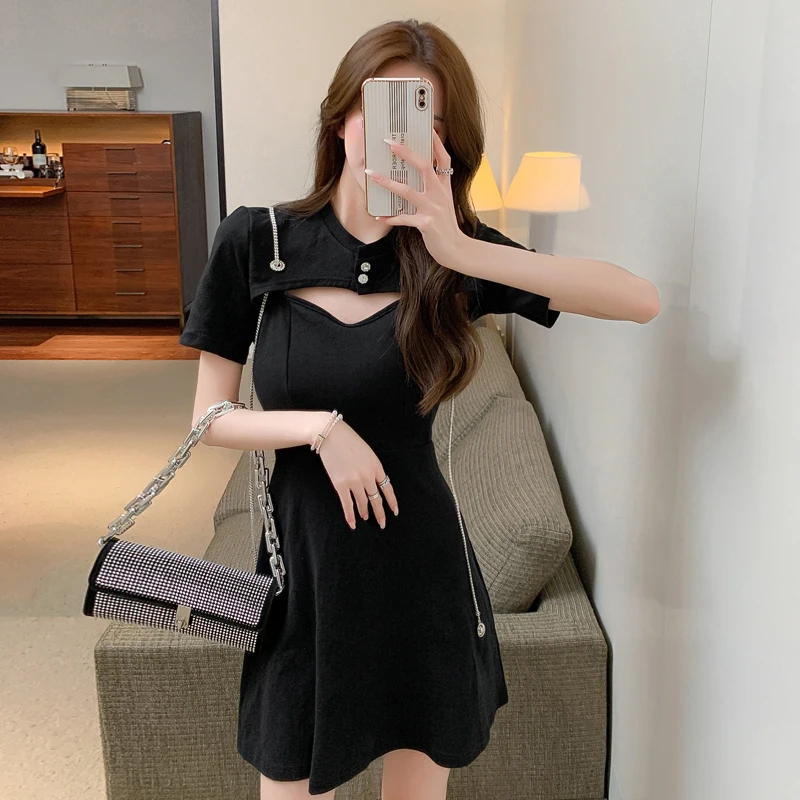 

Women Korean Casual Hollow Out Mini Sundress Summer Black Bodycon Hepburn Vintage Sexy Club Dresses 2023 Elegant Party Vestidos