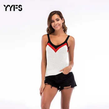 

2019 Summer New Color Block V-neck Outer Wear Halter Top Wild Short Sleeveless Knitted Vest Female