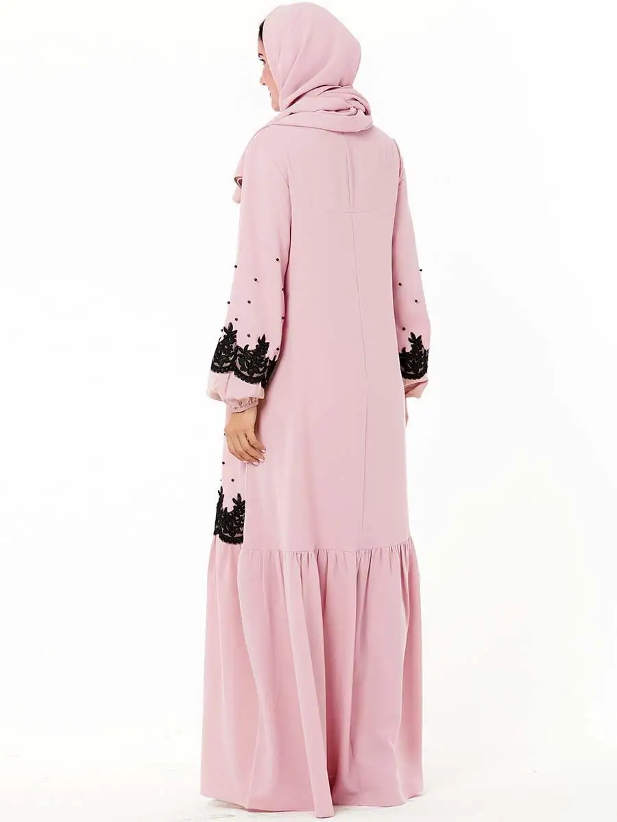 Abaya Дубай бусы длинное платье мусульманские женские свободные макси-Кафтан Jilbab исламский халат аппликации розовое платье элегантное платье с длинными рукавами